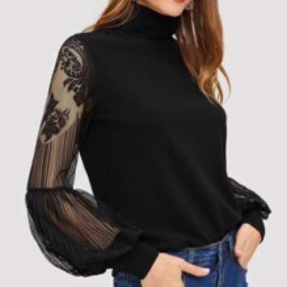 SHEIN Tops - *HP* SHEIN Black High Neck Lace Lantern Sleeve Top Size X-small